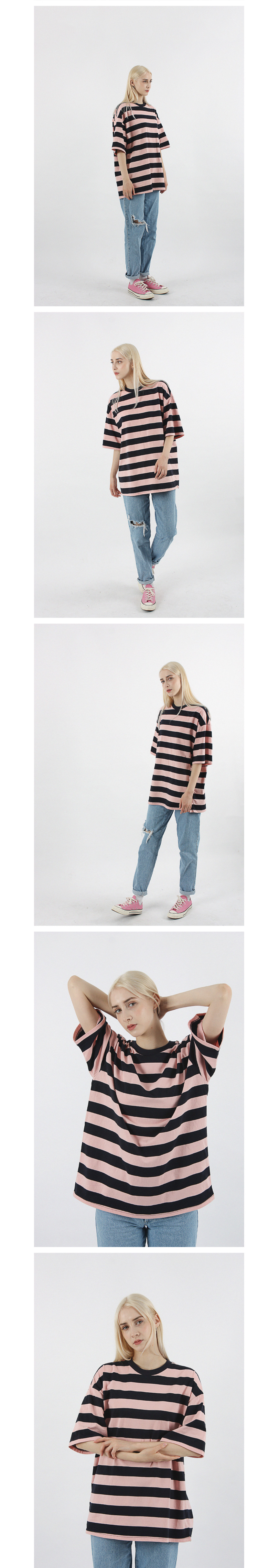 꼼파뇨(COMPAGNO) [20수] 헤비 오버핏 와이드 보더 반팔티 네이비핑크