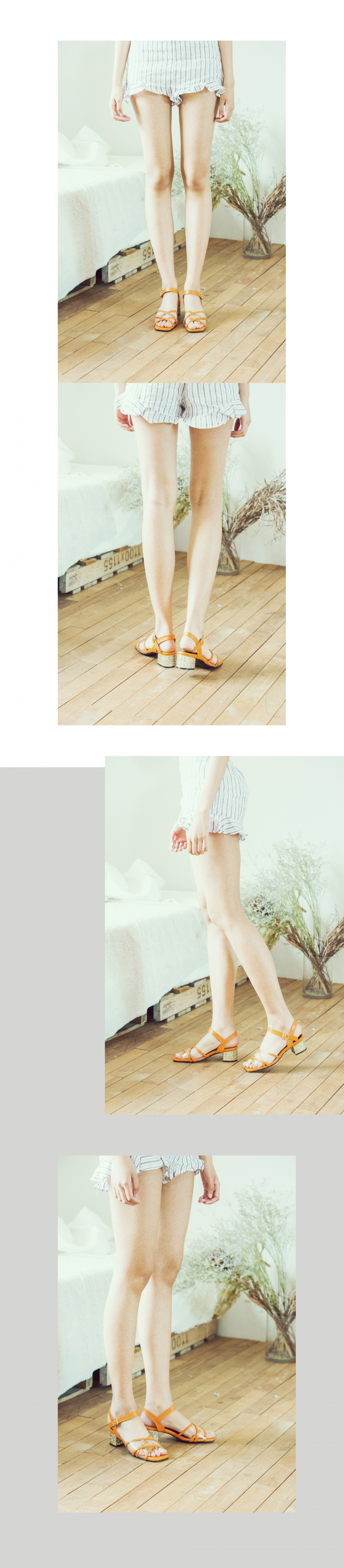 디토레(DITOLE) 오렌지 가죽 투명 믹스 엑스스트랩 글리터힐 유리구두