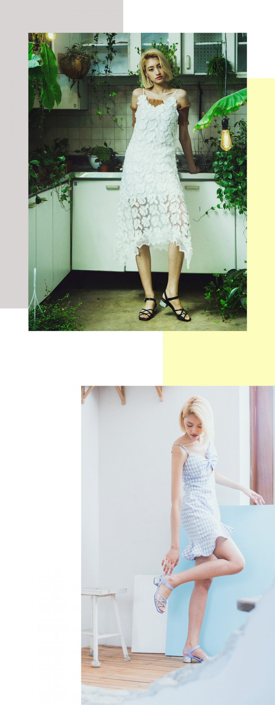 디토레(DITOLE) 블랙 가죽 투명 믹스 엑스스트랩 글리터힐 유리구두 노랑