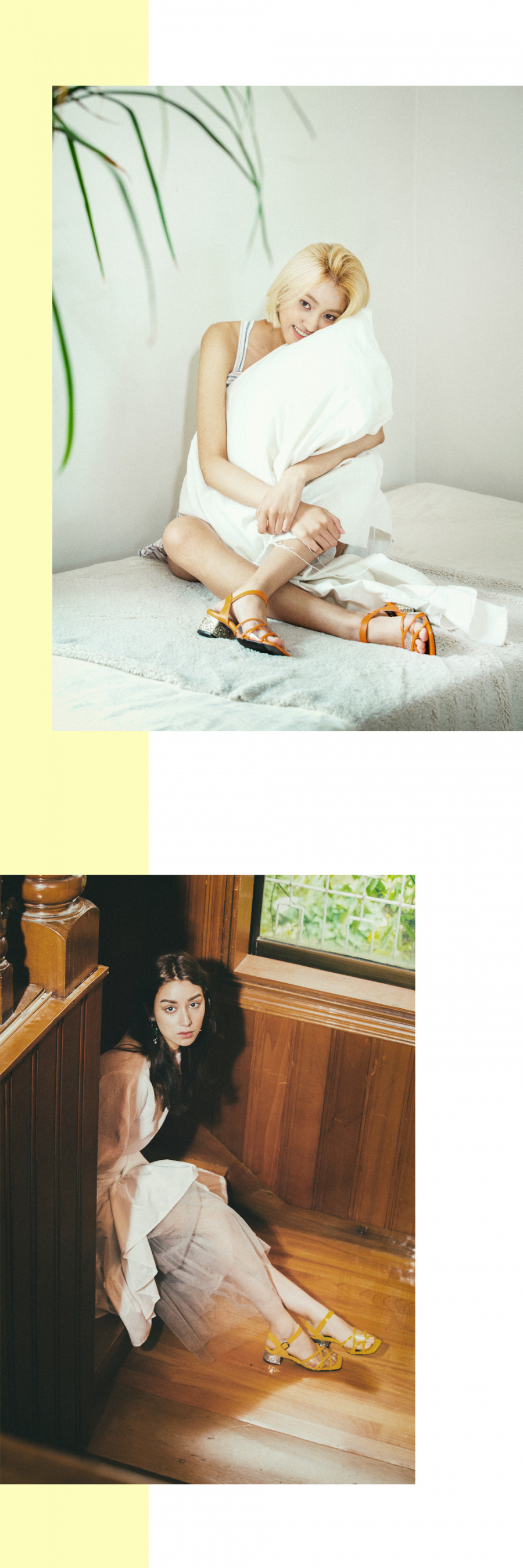 디토레(DITOLE) 블랙 가죽 투명 믹스 엑스스트랩 글리터힐 유리구두 노랑