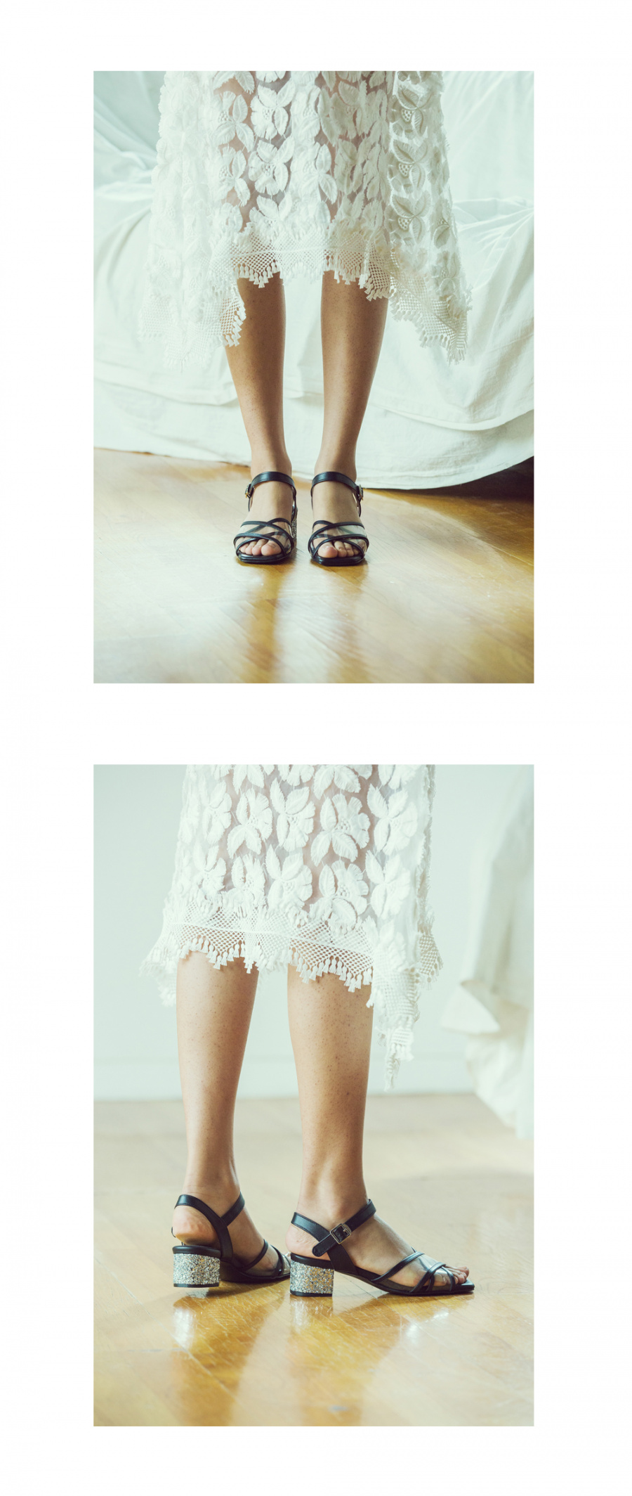 디토레(DITOLE) 블랙 가죽 투명 믹스 엑스스트랩 글리터힐 유리구두 노랑