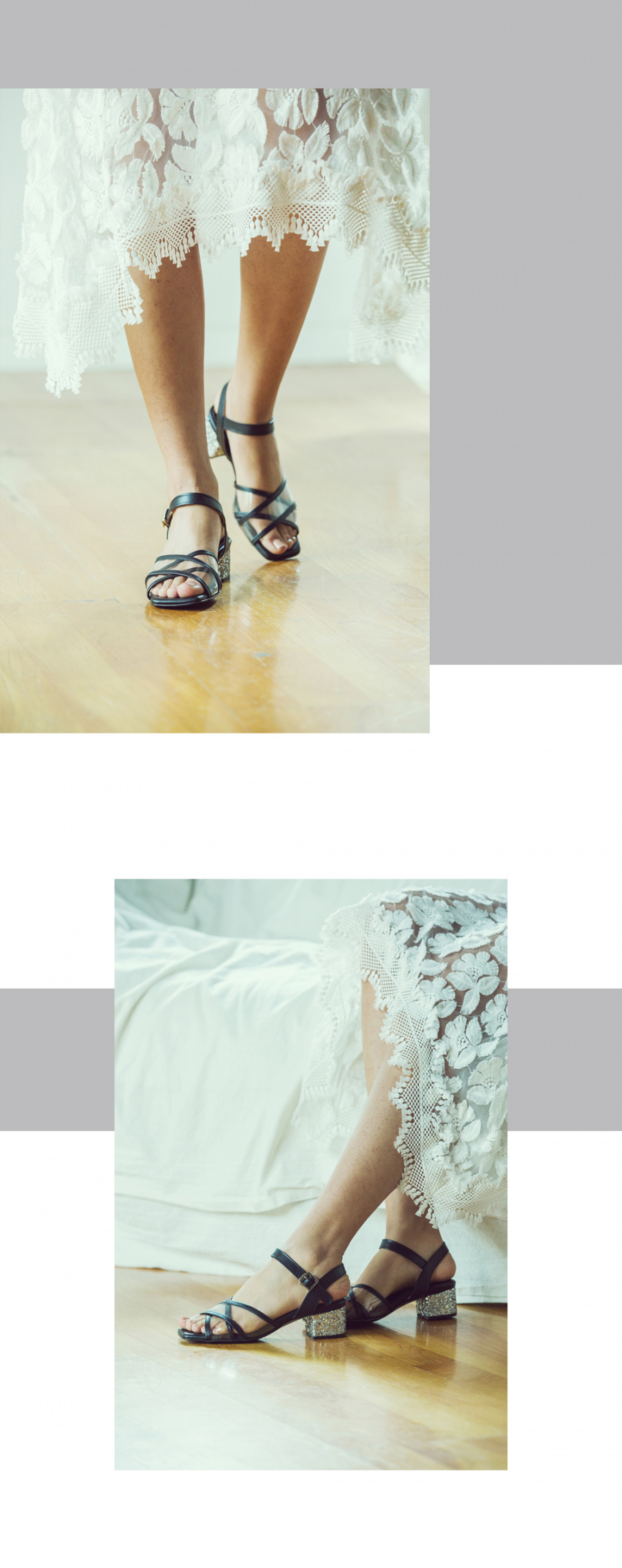 디토레(DITOLE) 블랙 가죽 투명 믹스 엑스스트랩 글리터힐 유리구두 노랑