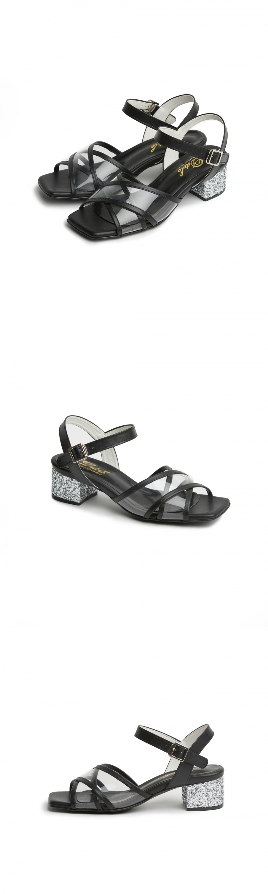 디토레(DITOLE) 블랙 가죽 투명 믹스 엑스스트랩 글리터힐 유리구두 노랑