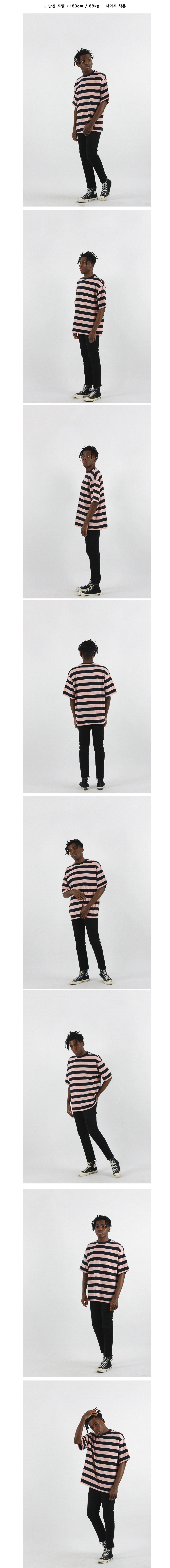 꼼파뇨(COMPAGNO) [20수] 헤비 오버핏 와이드 보더 반팔티 네이비핑크