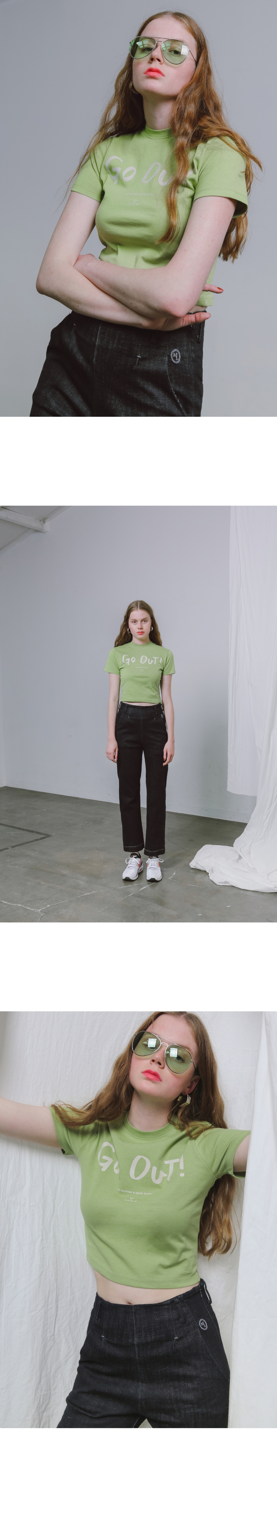 모어올레스(MORE OR LESS) SLIM-FIT CROP 1/2 T-SHIRT - GREEN