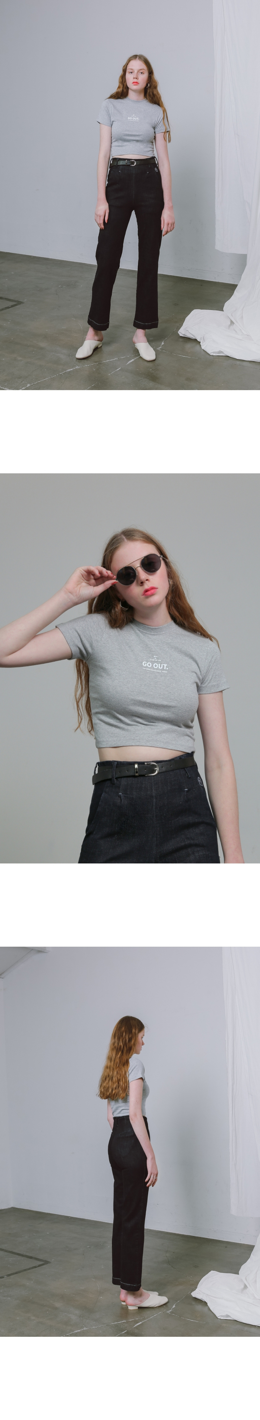 모어올레스(MORE OR LESS) SLIM-FIT CROP 1/2 T-SHIRT - GREY