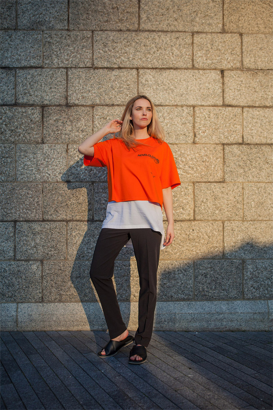 노블클로즈(NOVELCLOTHES) 레이어드 크롭 티셔츠(오렌지)