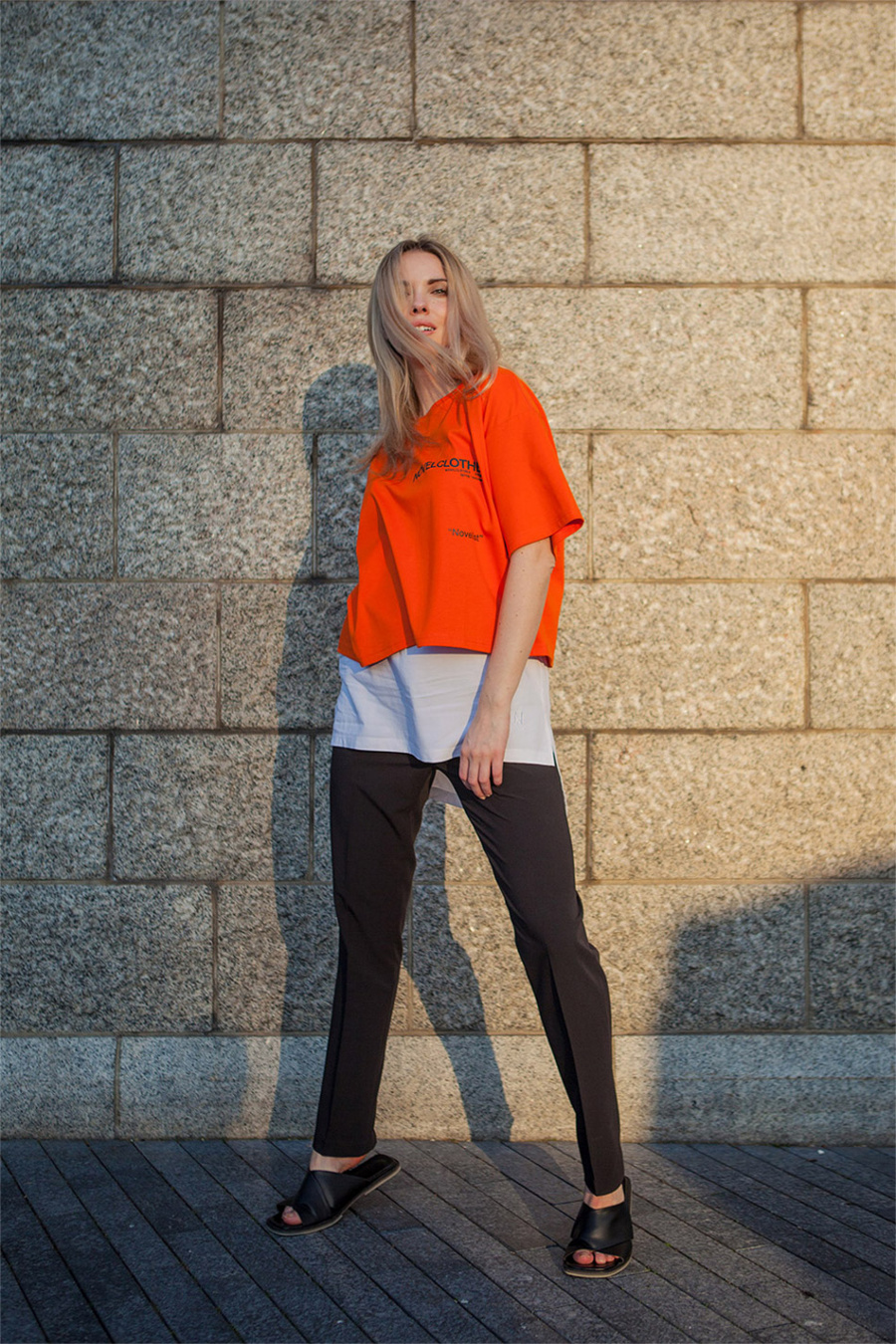 노블클로즈(NOVELCLOTHES) 레이어드 크롭 티셔츠(오렌지)