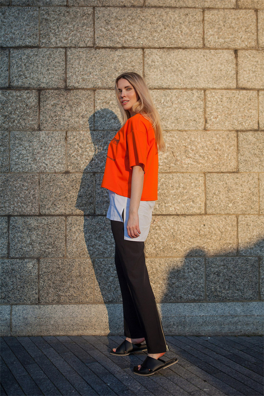 노블클로즈(NOVELCLOTHES) 레이어드 크롭 티셔츠(오렌지)