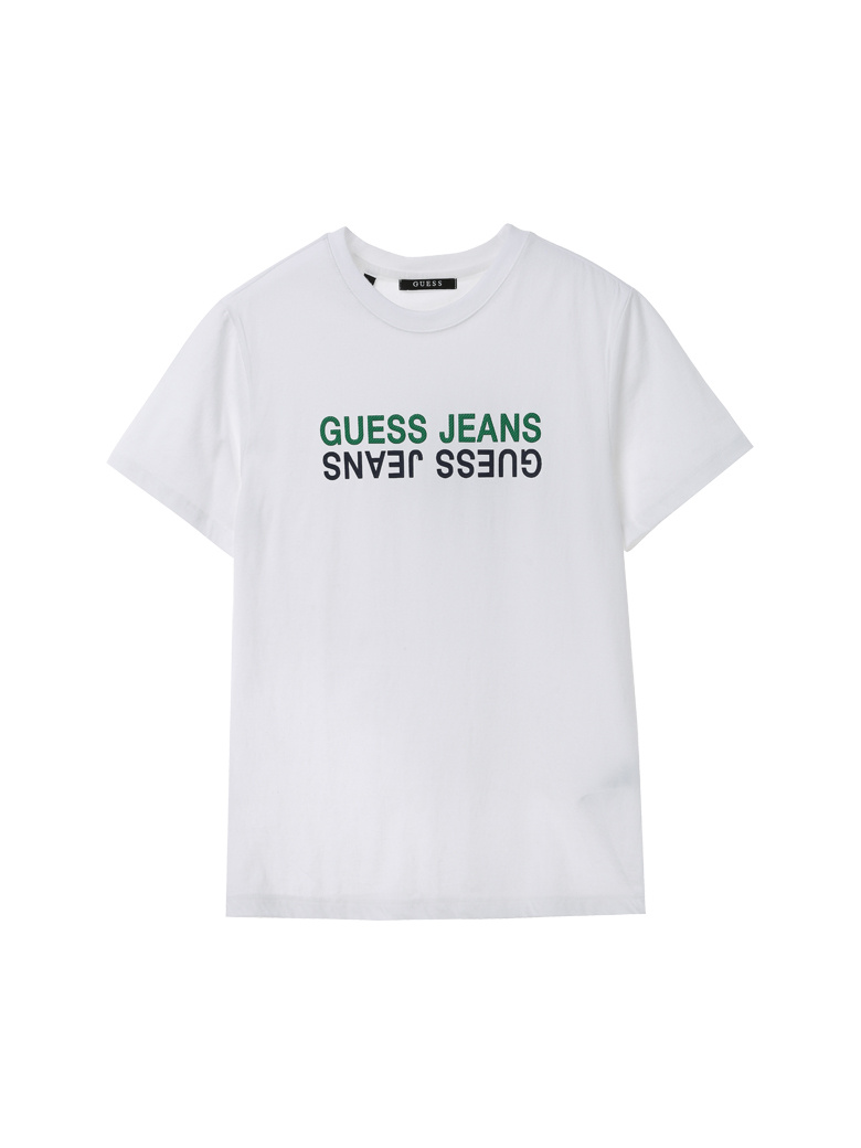 게스(GUESS) 남녀공용 게스 진스 사선 2도 프린트 반팔 티셔츠