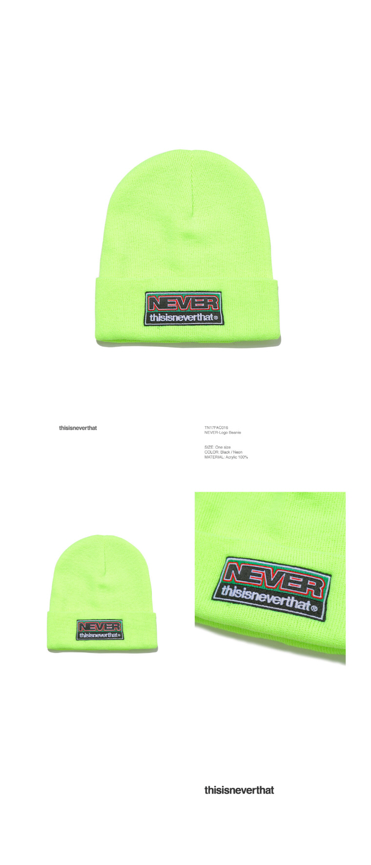 디스이즈네버댓(THISISNEVERTHAT) NEVER-Logo Beanie Neon
