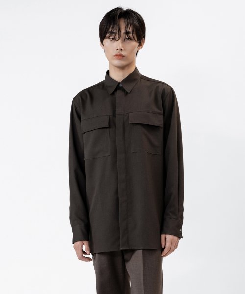 HIDDEN BUTTON POCKET SHIRT DARK BROWN