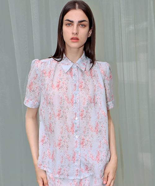 플라워 셔링 블루 블라우스_Flower Shirring BL BL