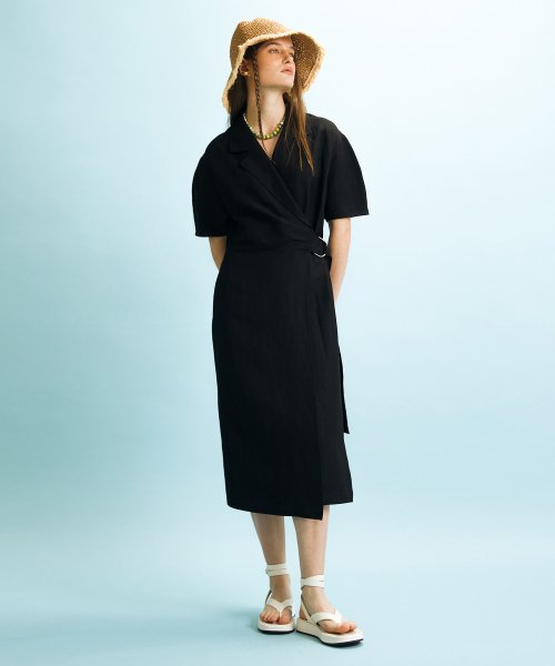 SHIRRED WRAP DRESS - BLACK