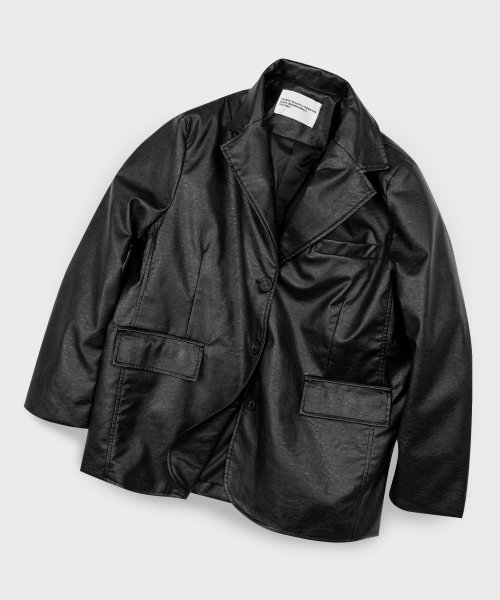 Vegan Crack Overfit Single Button Blazer Leather Jacket [BLACK]