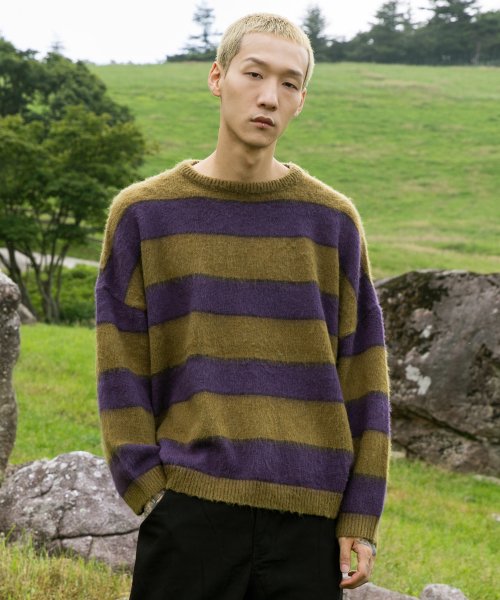 XTK036 알렌 스트라이프 모헤어 니트 (KHAKI/PURPLE)