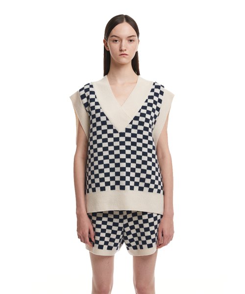 Checked Knit Vest_WHITE/BLACK