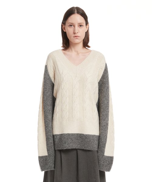 Grey V Neck Cable Knit Sweater