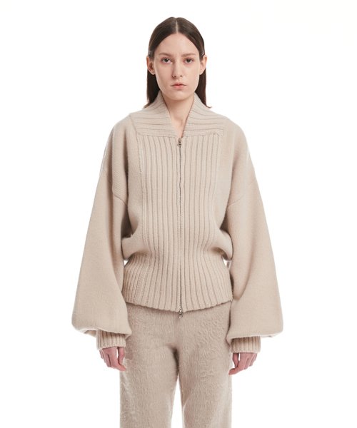 Beige Bomber Zip-Up Knit Cardigan
