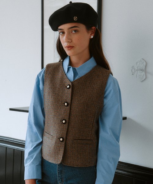 CHECK SINGLE VEST BEIGE