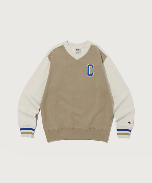 컬러 블록 브이넥 스웨트셔츠 Normal Beige