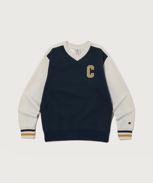 컬러 블록 브이넥 스웨트셔츠 Normal Navy