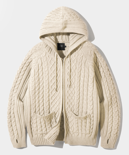 2WAY HEAVY WEIGHT CABLE KNIT HOODY ZIP-UP_OATMEAL