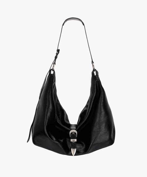 BELTED HOBO_black glossy plain