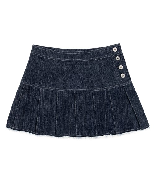 NON-FADE PLEATED DENIM SKIRT [DARK BLUE]