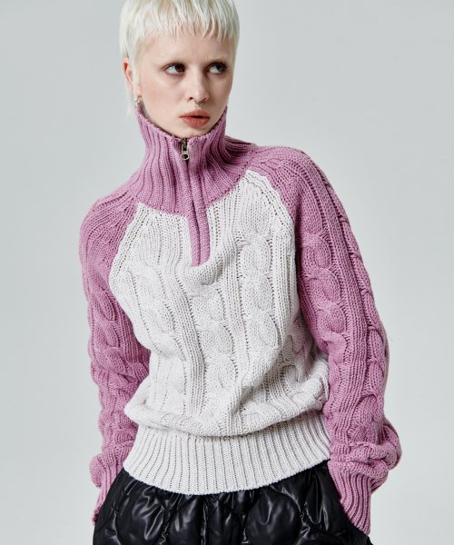 COLOR BLOCK TURTLENECK ZIP UP KNIT PULLOVER [PINK]