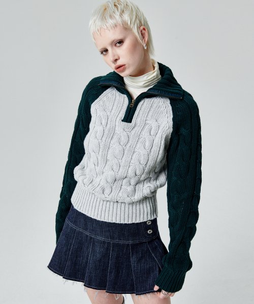 COLOR BLOCK TURTLENECK ZIP UP KNIT PULLOVER [GREEN]