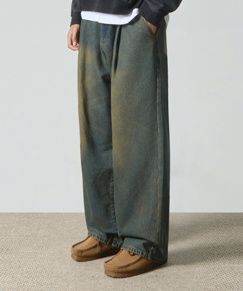 ASI ESSENTIAL ONE-TUCK WIDE DENIM PANTS_YELLOW WASHING