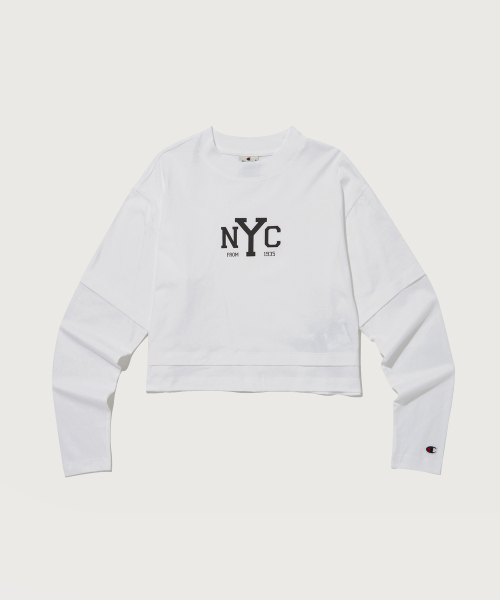 여성 NYC 레이어드 크롭 긴팔 티셔츠 White