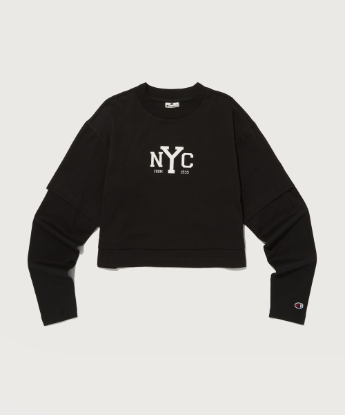 여성 NYC 레이어드 크롭 긴팔 티셔츠 Black