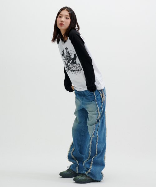 WASHED INCISION WIDE DENIM PANTS [BLUE]