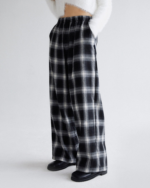 MUAH CHECK WIDE BANDING PANTS [BLACK]