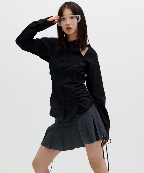 CUT OFF PLEATED MINI SKIRT [GREY]