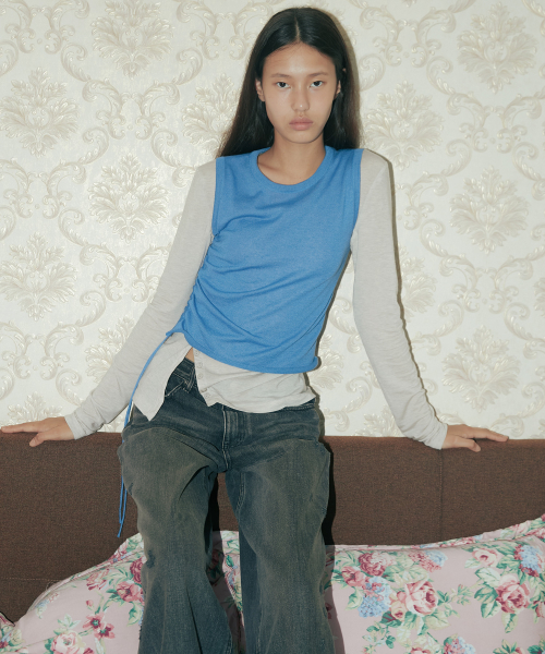 DRAWSTRING SHIRRING TOP - BLUE