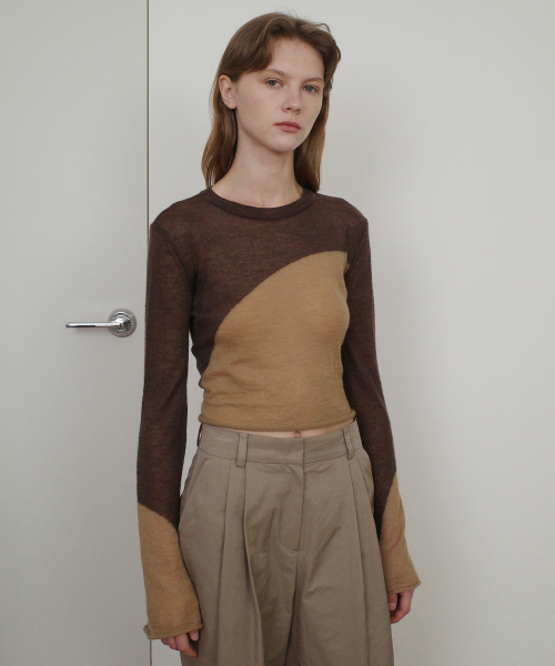 TWO TONE DRAWSTRING CROP TOP - BROWN