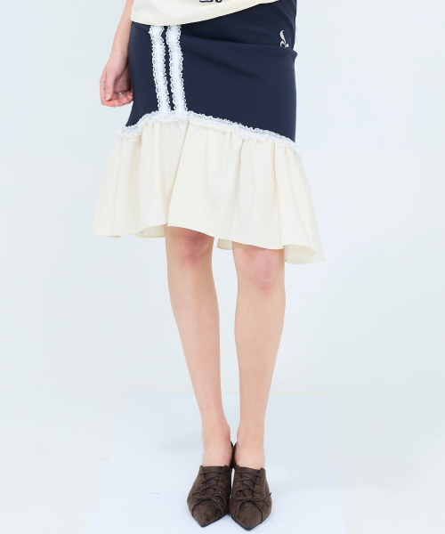 CURVED L LACE MIDI SKIRT(NAVY)