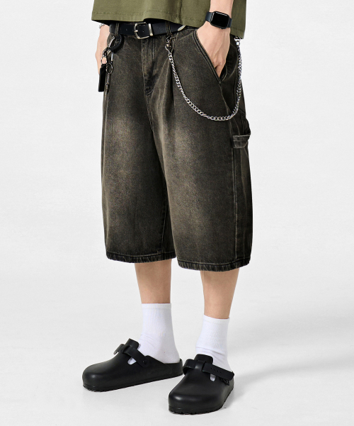 BIO WASHING CARPENDER BERMUDA DENIM PANTS_BLACK