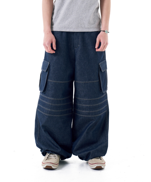 Stitched Denim Wide Cargo Pants (Blue)