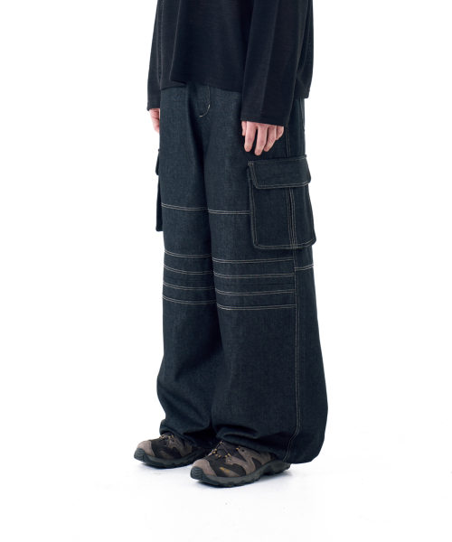Stitched Denim Wide Cargo Pants (Black)