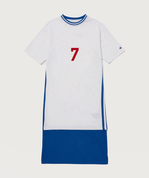 여성 메쉬 배색 저지 원피스 White