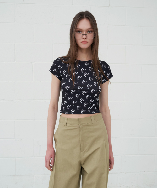 Pattern Cropped Crew Neck T-Shirt Black