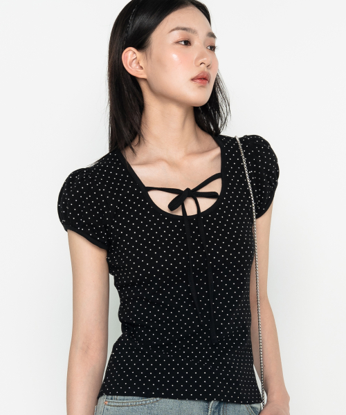 Puff Sleeve Dot Ribbon Short Sleeve T-Shirt Black