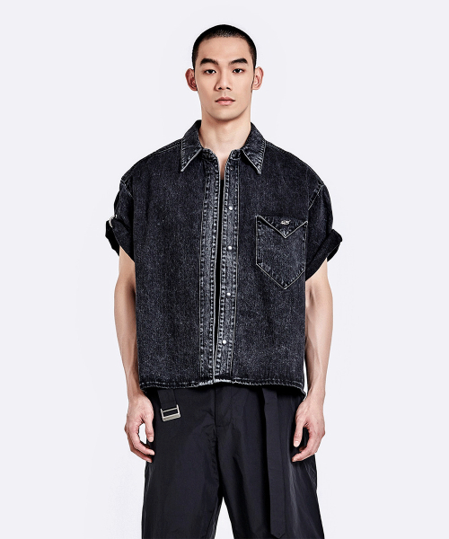 Triangle denim Half shirt - Washed black
