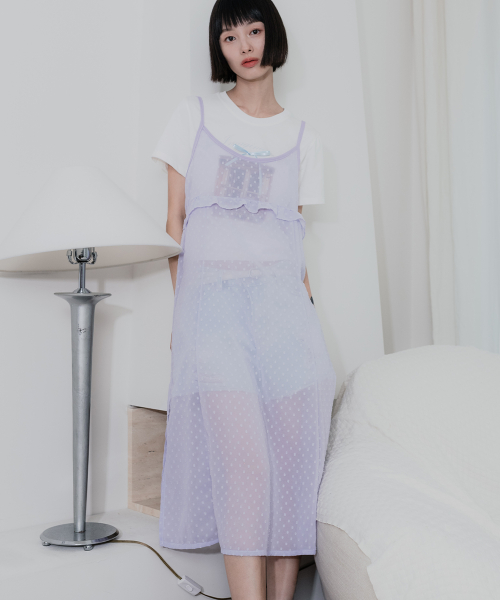 도트 시스루 프릴 레이어드 원피스 연보라