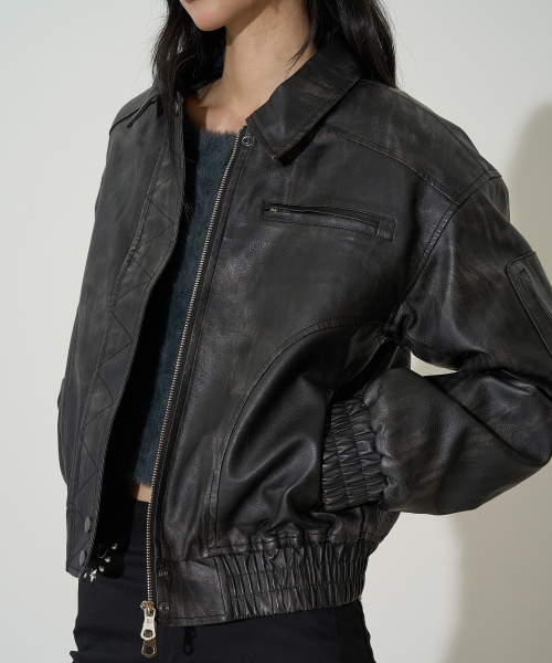 Washed Leather Bomber Jacket Black