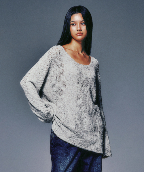 U-NECK SHEER KNIT LIGHT GRAY